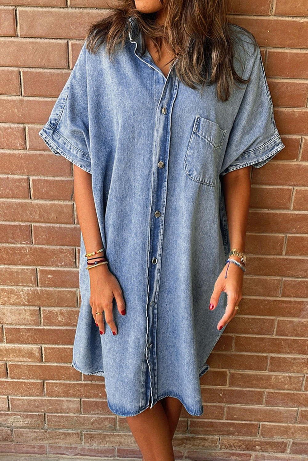 Denim Shirt Dress with Button Pockets