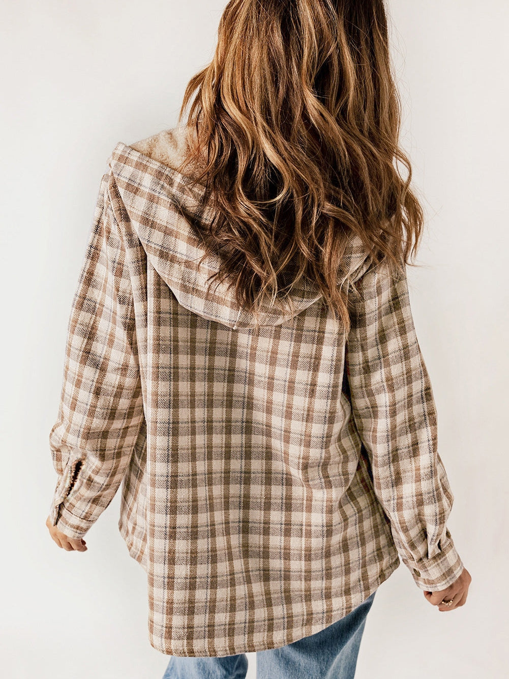 Khaki Checkered Sherpa-Lined Hooded Shacket