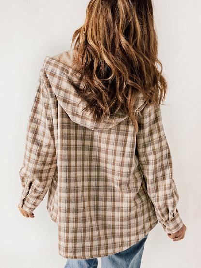 Khaki Checkered Sherpa-Lined Hooded Shacket