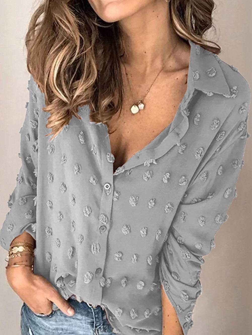 Elegant Gray Polka Dot Button-Up Blouse with Long Sleeves