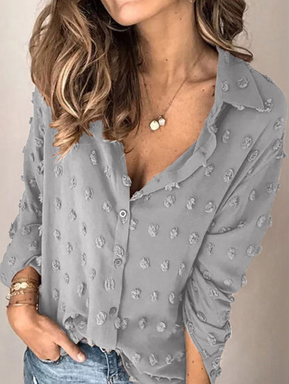 Elegant Gray Polka Dot Button-Up Blouse with Long Sleeves
