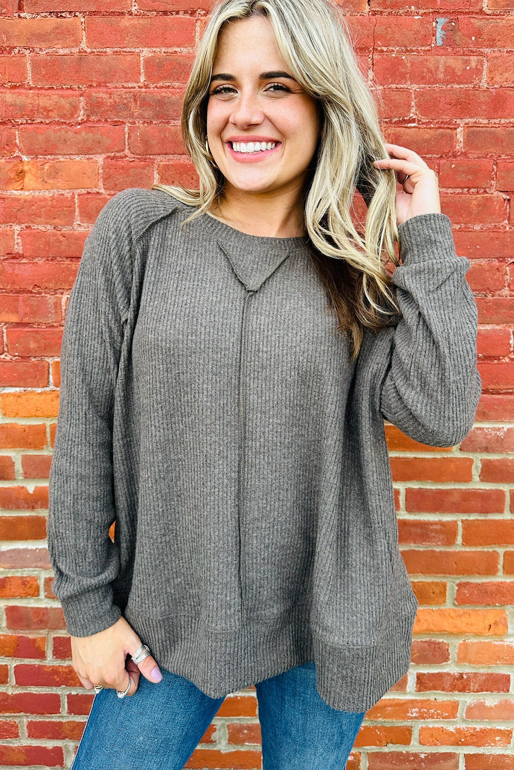 High Ribbed Knit Exposed Seam Detail Oversize Long Sleeve Top