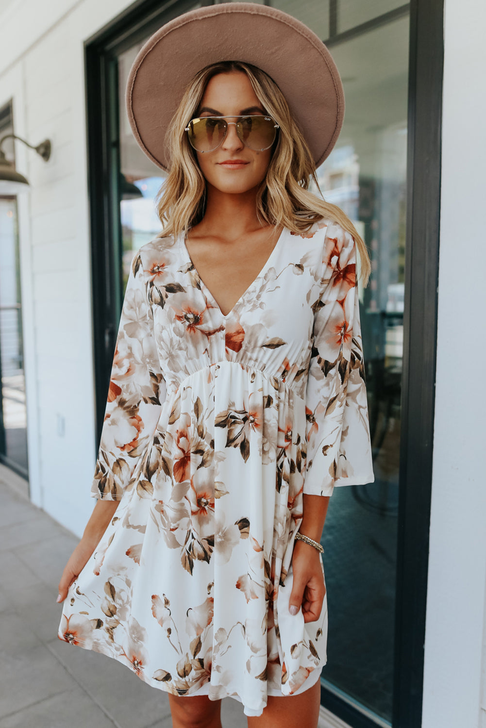Printed Lace Up Lapel Waist Short Sleeved Midi Dress
