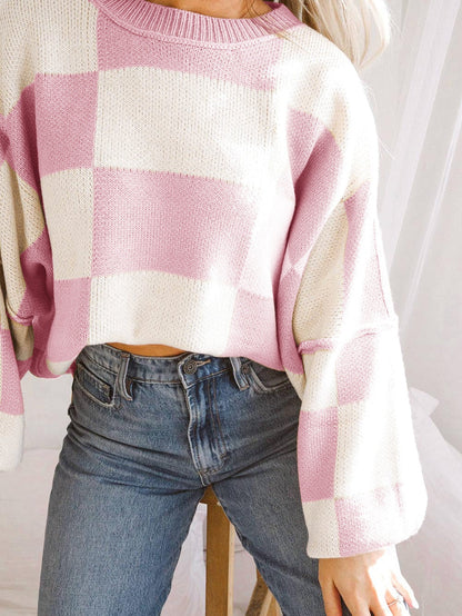 Elegant Pink Plaid Bishop Sleeve Knit Sweater