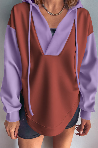 Red Sandalwood Color Block Patchwork V Neck Drawstring Hoodie
