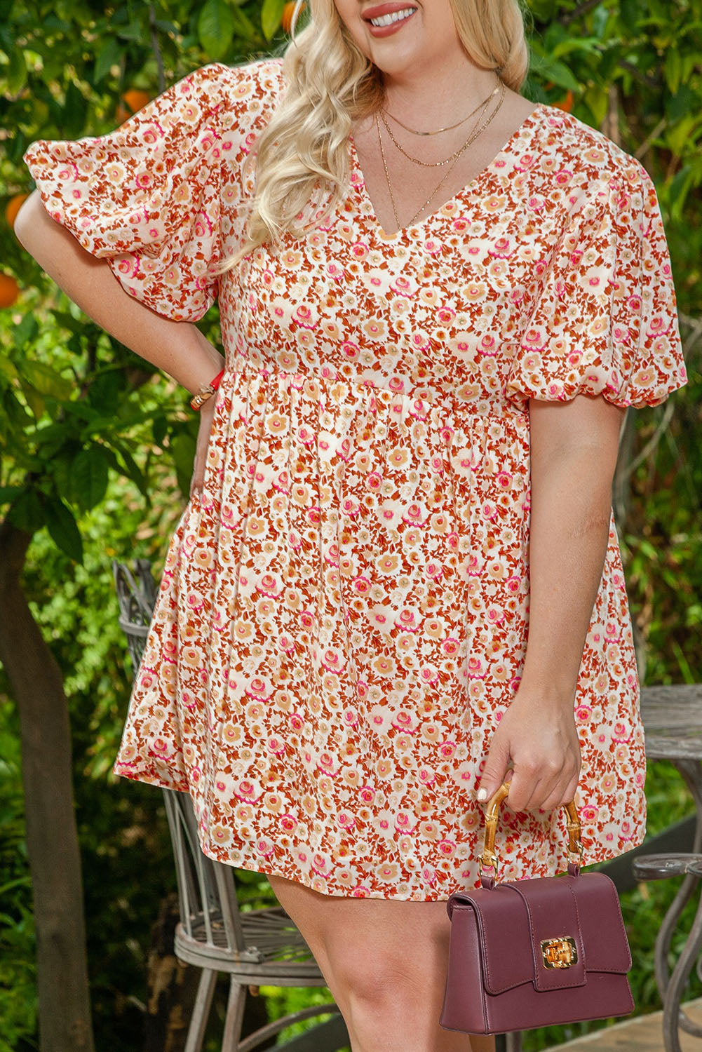 Floral Print Puff Sleeves Plus Size Mini Dress in Multicolor Bouquet