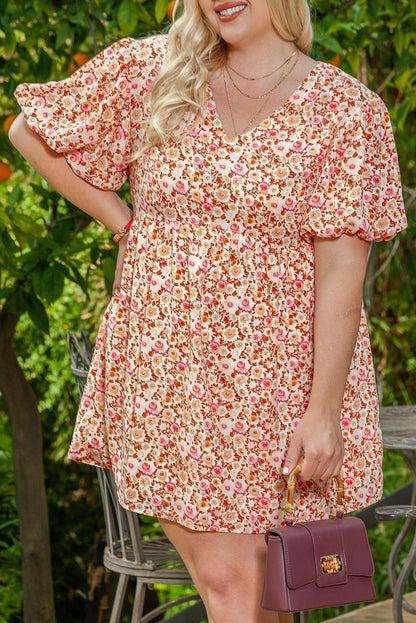 Floral Print Puff Sleeves Plus Size Mini Dress in Multicolor Bouquet
