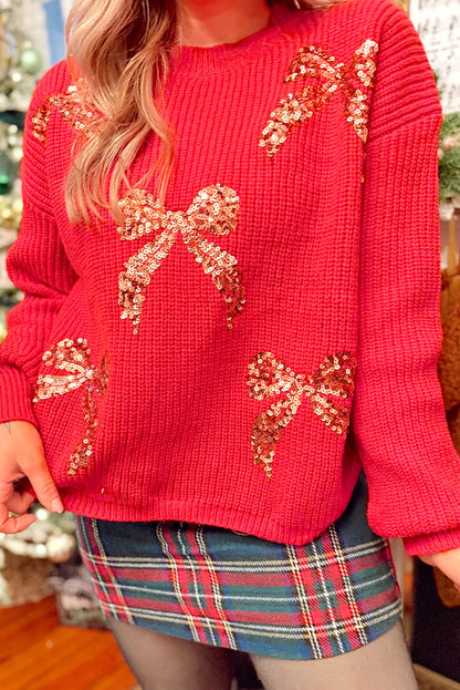 Fiery Red Sequin Bow Accent Drop Shoulder Festive Sweater