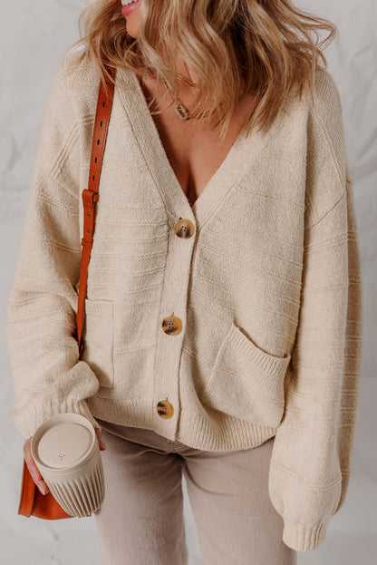 Oatmeal V Neck Buttoned Front Loose Casual Cardigan Sweater
