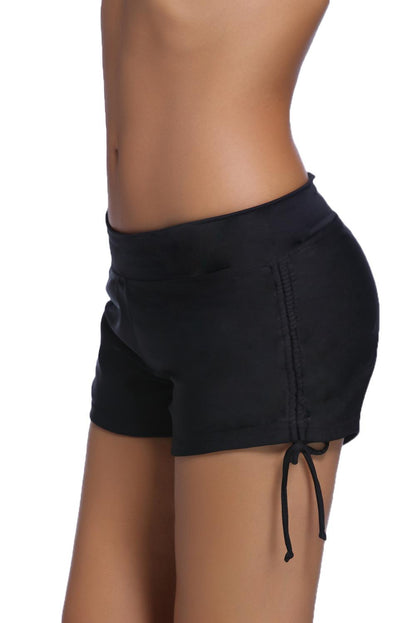 Fashionable Black Ruched Side Swim Shorts