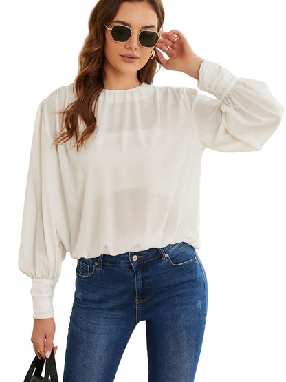 Elegant White Pleated Blouse with Puff Sleeves