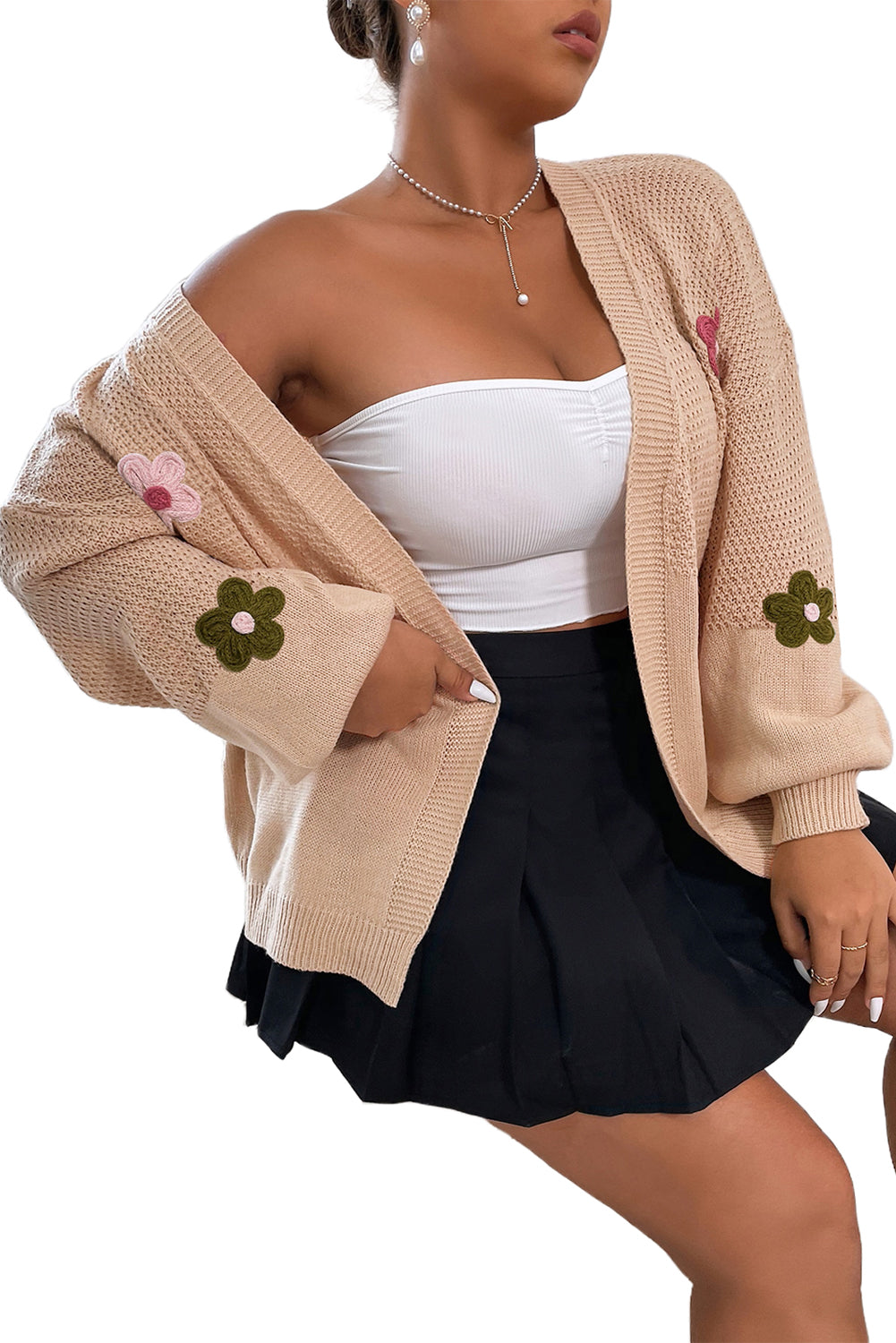 Floral Applique Smoke Gray Bubble Sleeve Drop Cardigan