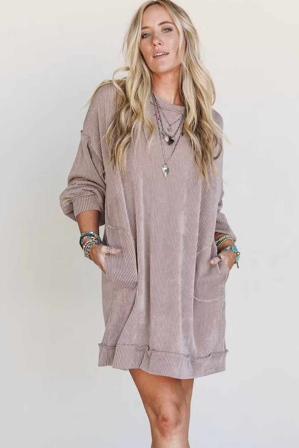 Smoke Gray Twisted Ribbed Exposed Seam Drop Shoulder Patch Pocket Loose Mini Dress