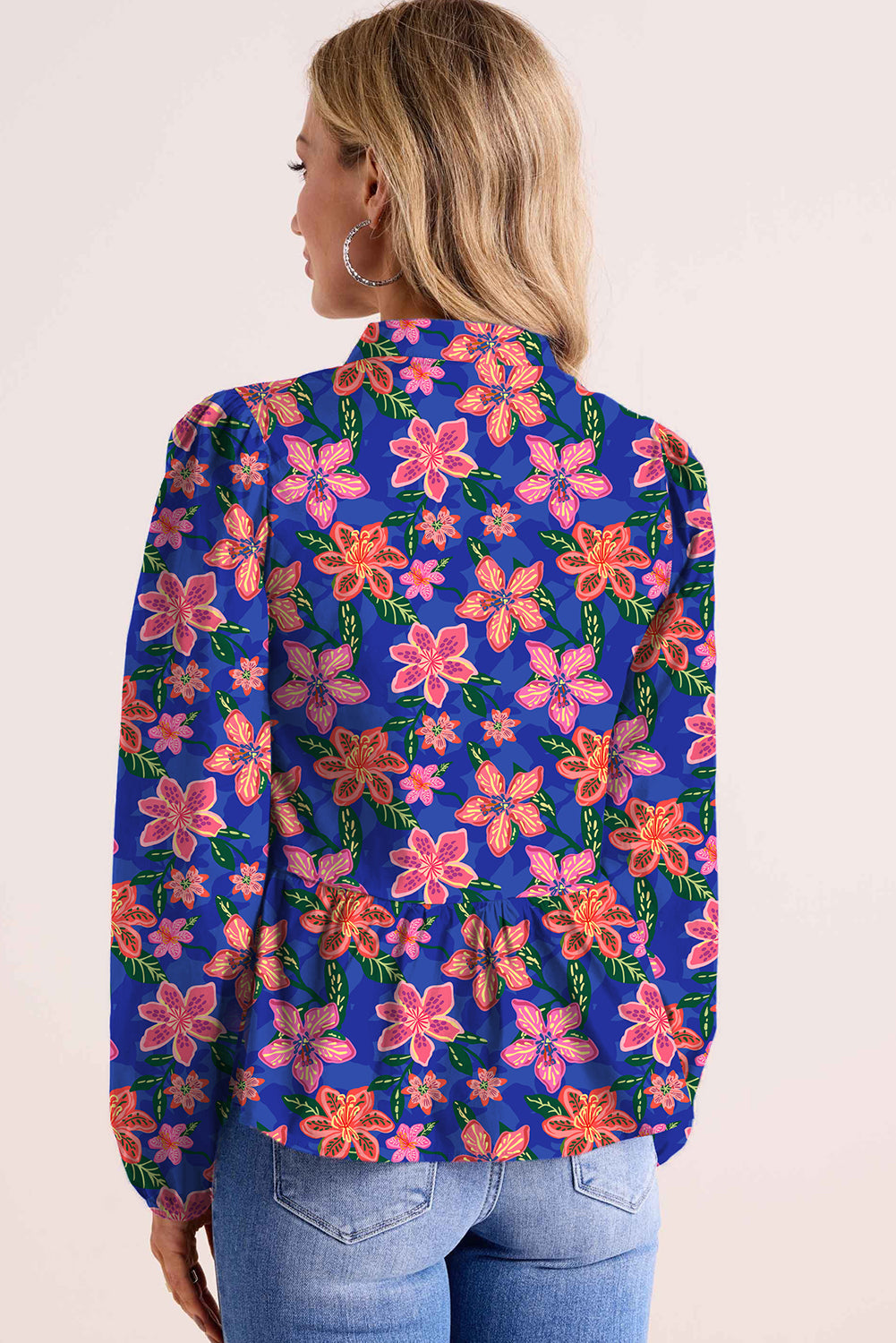 Dark Blue Floral Ricrac Trim Puff Sleeve Peplum Top