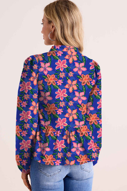 Dark Blue Floral Ricrac Trim Puff Sleeve Peplum Top