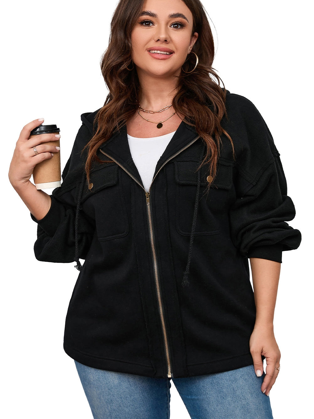 Black Plus Size Bishop Sleeve Zip Up Hooded Jacket