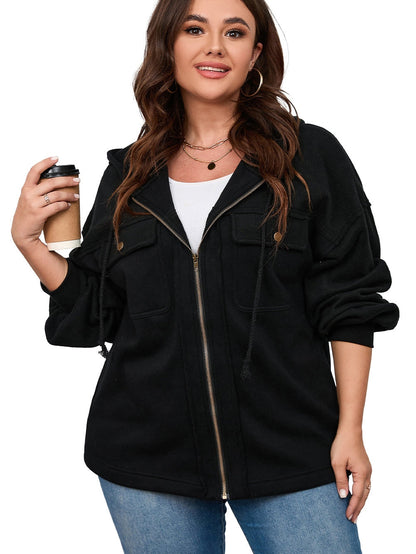 Black Plus Size Bishop Sleeve Zip Up Hooded Jacket