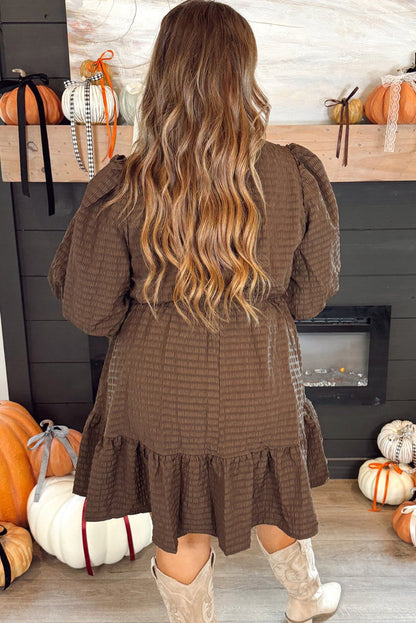 Coffee Plus Size Frilled Trim V Neck Puff Sleeve Textured Mini Dress