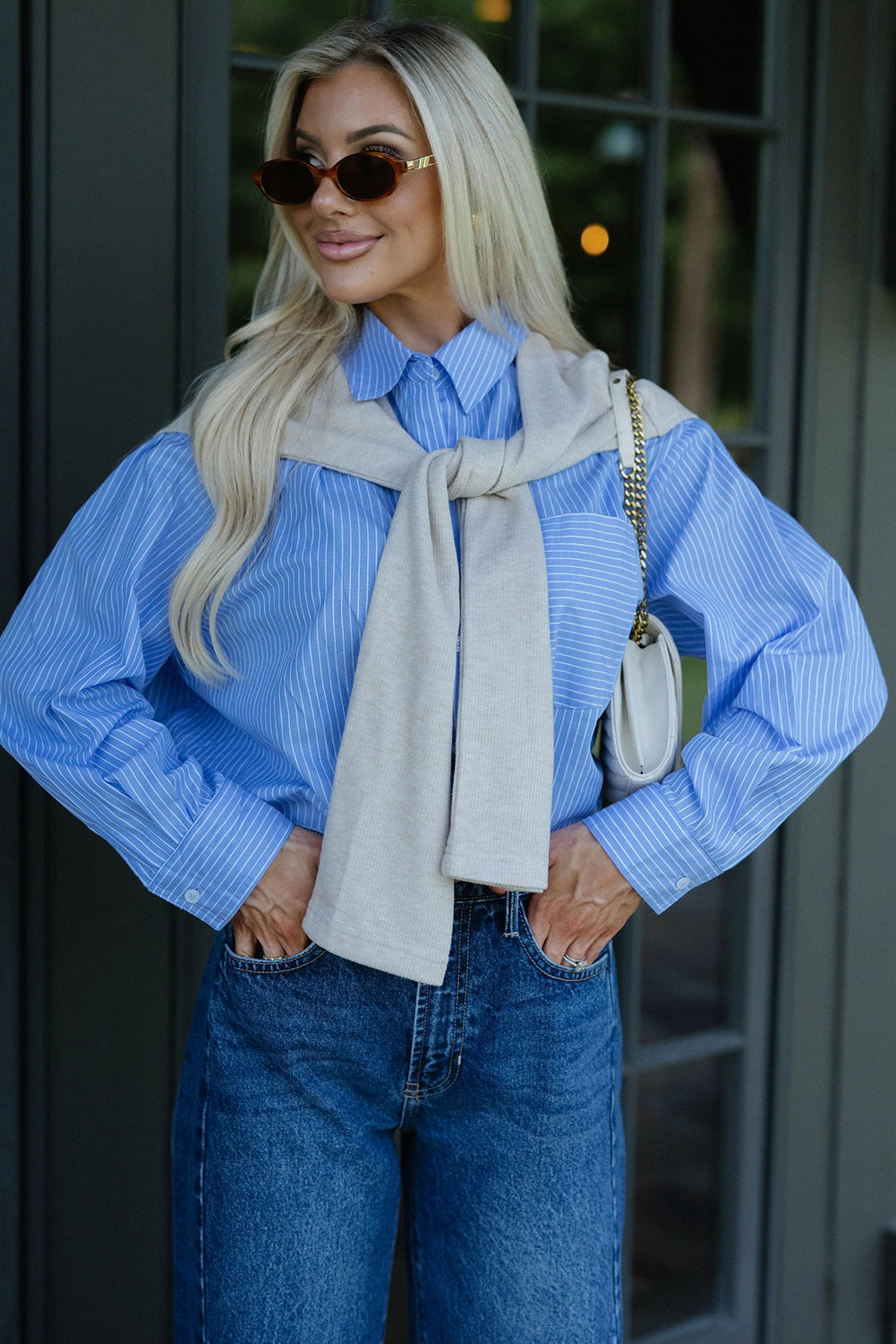 Sky Blue Knot Front Faux Two Piece Patchwork Shirt