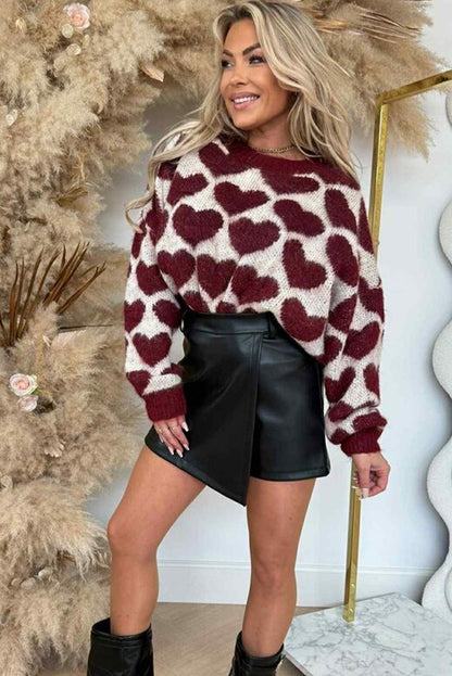 Burgundy Heart Valentine Pattern Mock Neck Baggy Sweater