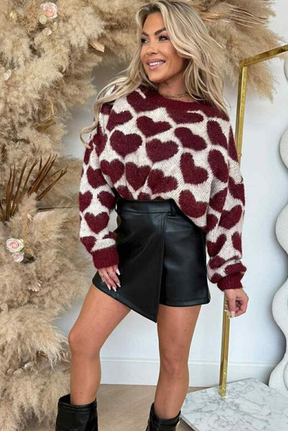 Burgundy Heart Valentine Pattern Mock Neck Baggy Sweater