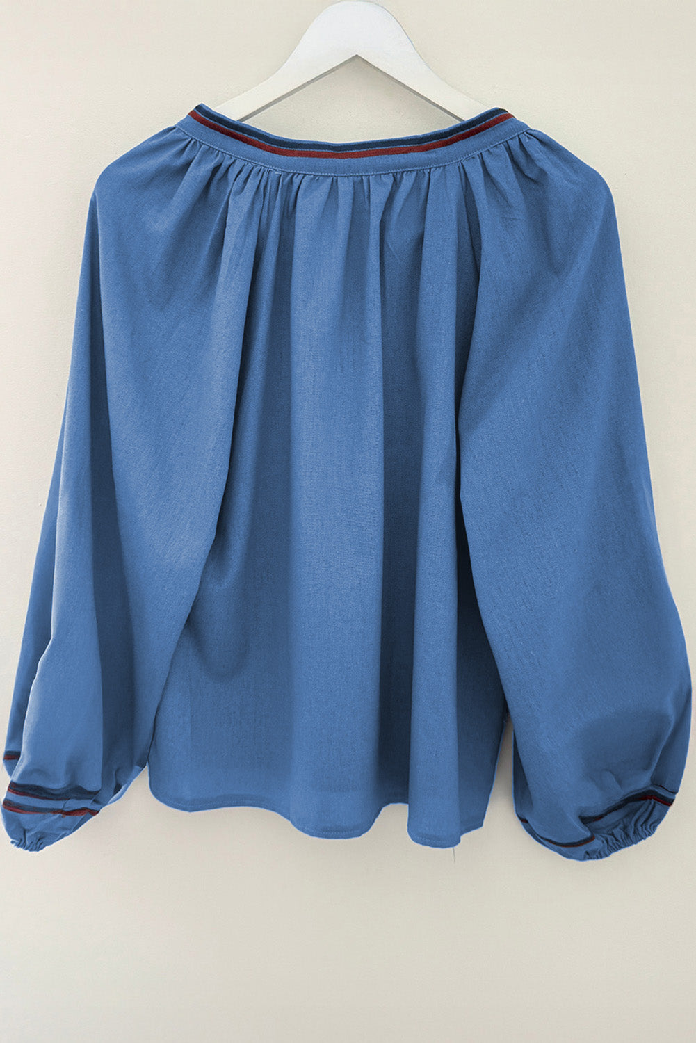 Real Teal Floral Embroidered Split Neck Tassel Tie Puff Sleeve Blouse