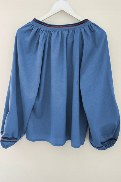 Real Teal Floral Embroidered Split Neck Tassel Tie Puff Sleeve Blouse