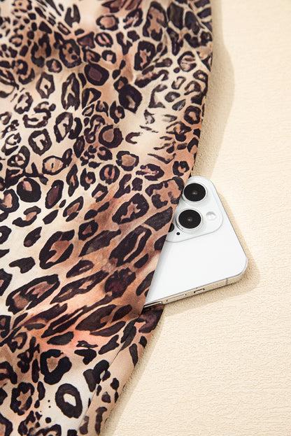 Brown Leopard Ruffled Detail Long Sleeve Loose Mini Dress