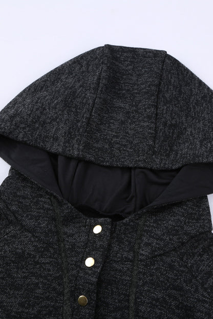 Heathered Black Button Snap Neck Pullover Hoodie with Pocket