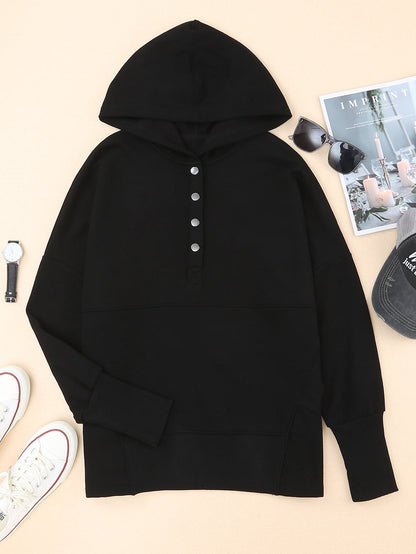 Black Batwing Snap Henley Hoodie with Kangaroo Pocket