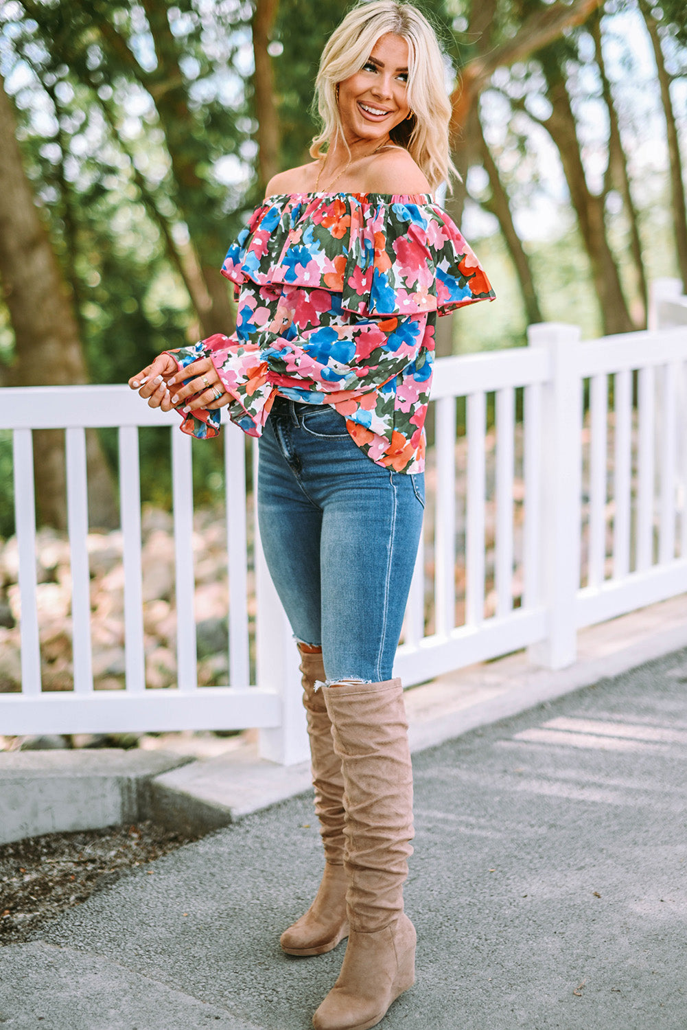 Floral Off Shoulder Ruffle Sleeve Blouse