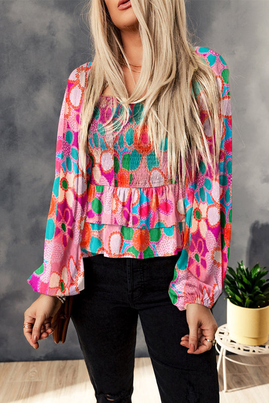 Floral Fantasy Smocked Square Neck Ruffle Blouse