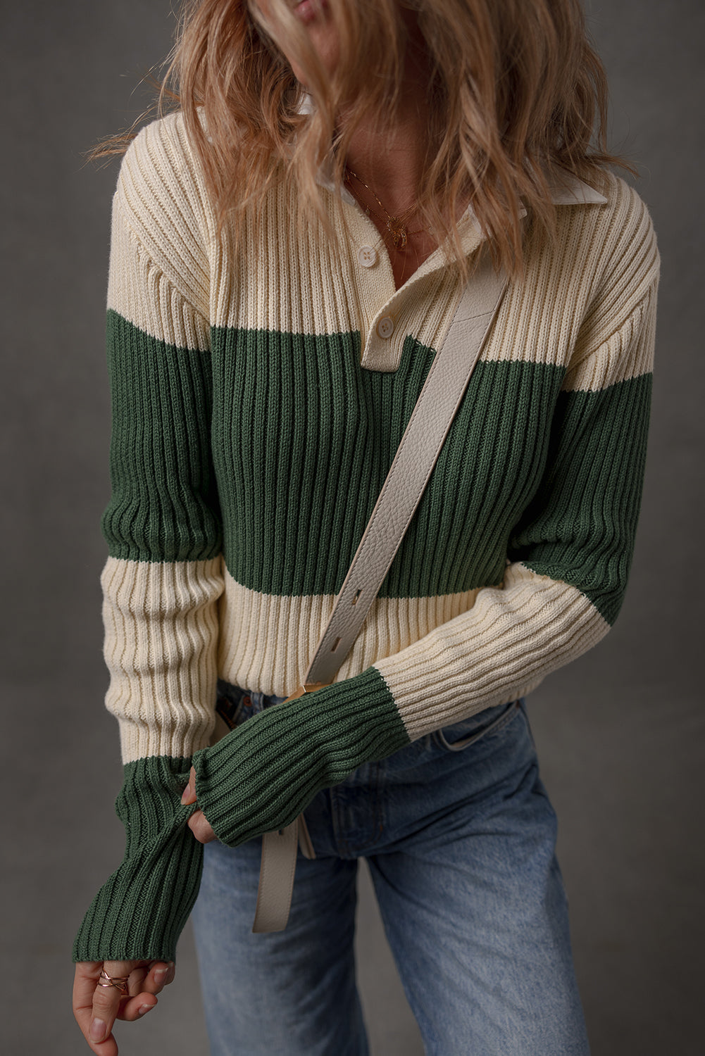 Blackish Green Ribbed Color Block Knit Shirt Collar Patchwork Slim Sweater