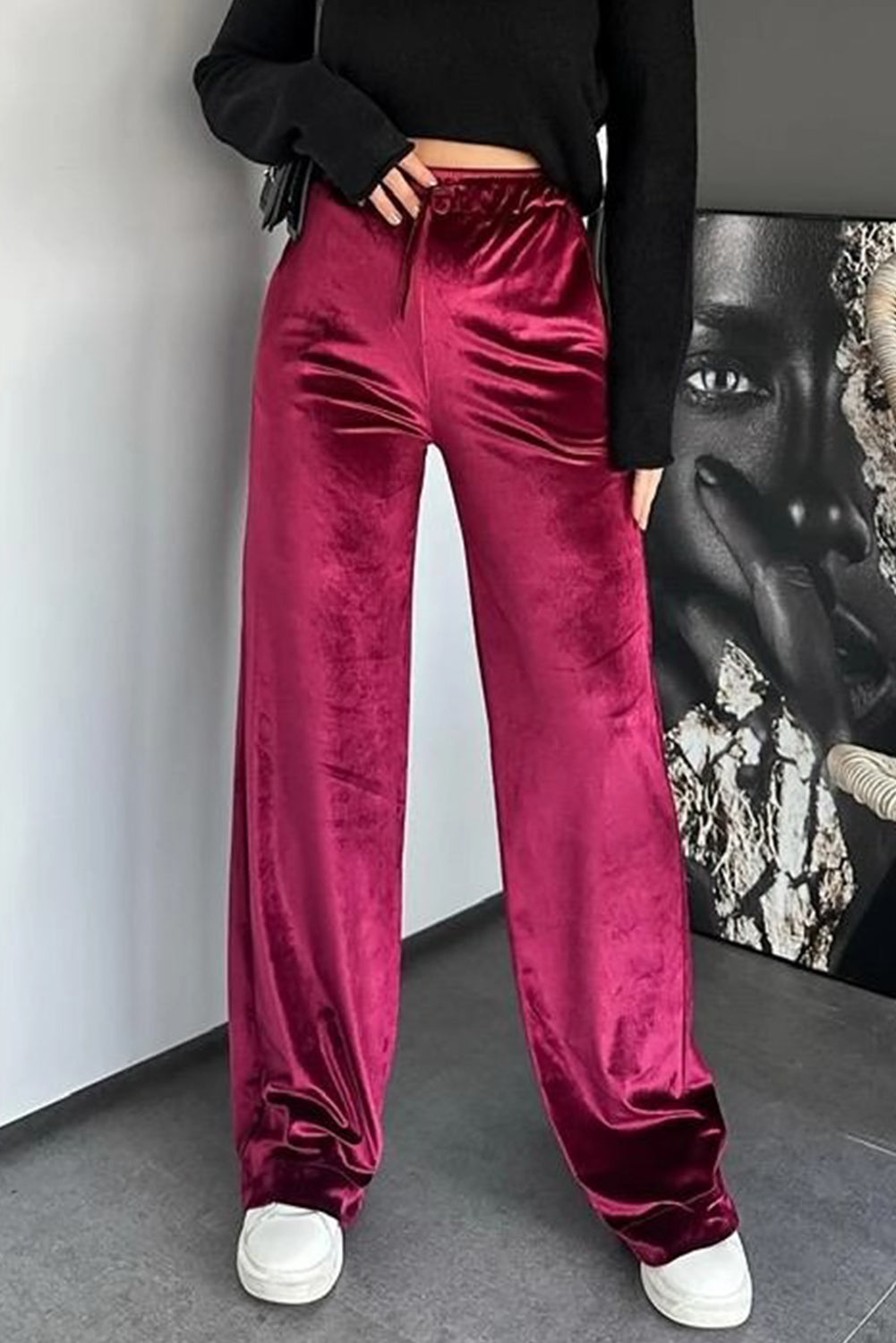 Pitaya Pink Shiny Velvet Drawstring High Waist Straight Leg Casual Pants