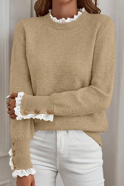 Light French Beige Lace Trim Patchwork Buttoned Cuffs Loose Sweater