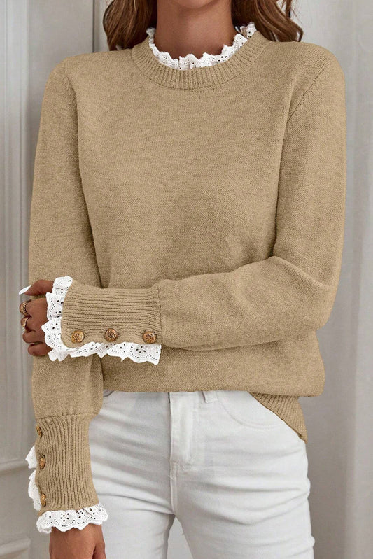 Light French Beige Lace Trim Patchwork Buttoned Cuffs Loose Sweater