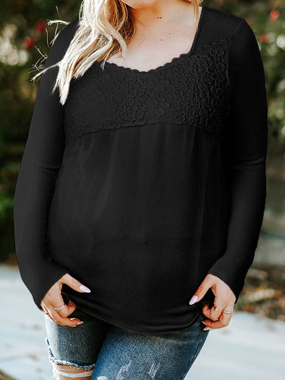 Elegant Black Lace Panel V Neck Long Sleeve Blouse