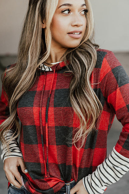 Fiery Red Christmas Plaid Striped Hooded Patchwork Sweatshirt