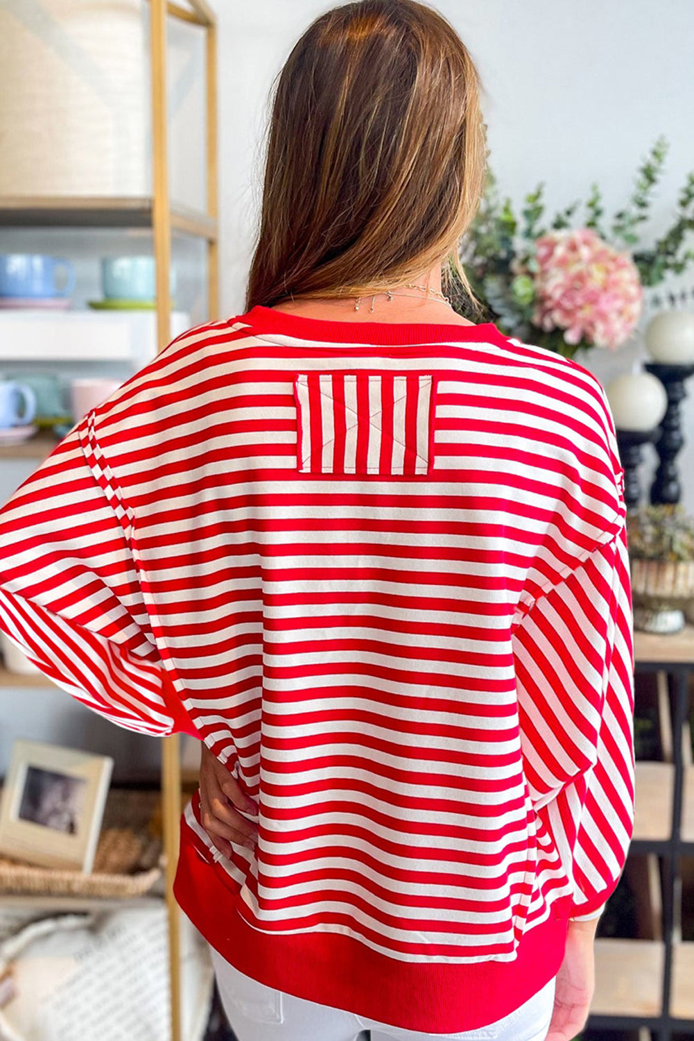 Red Stripe Plus Size Raw Seam Patchwork Baggy Long Sleeve Top