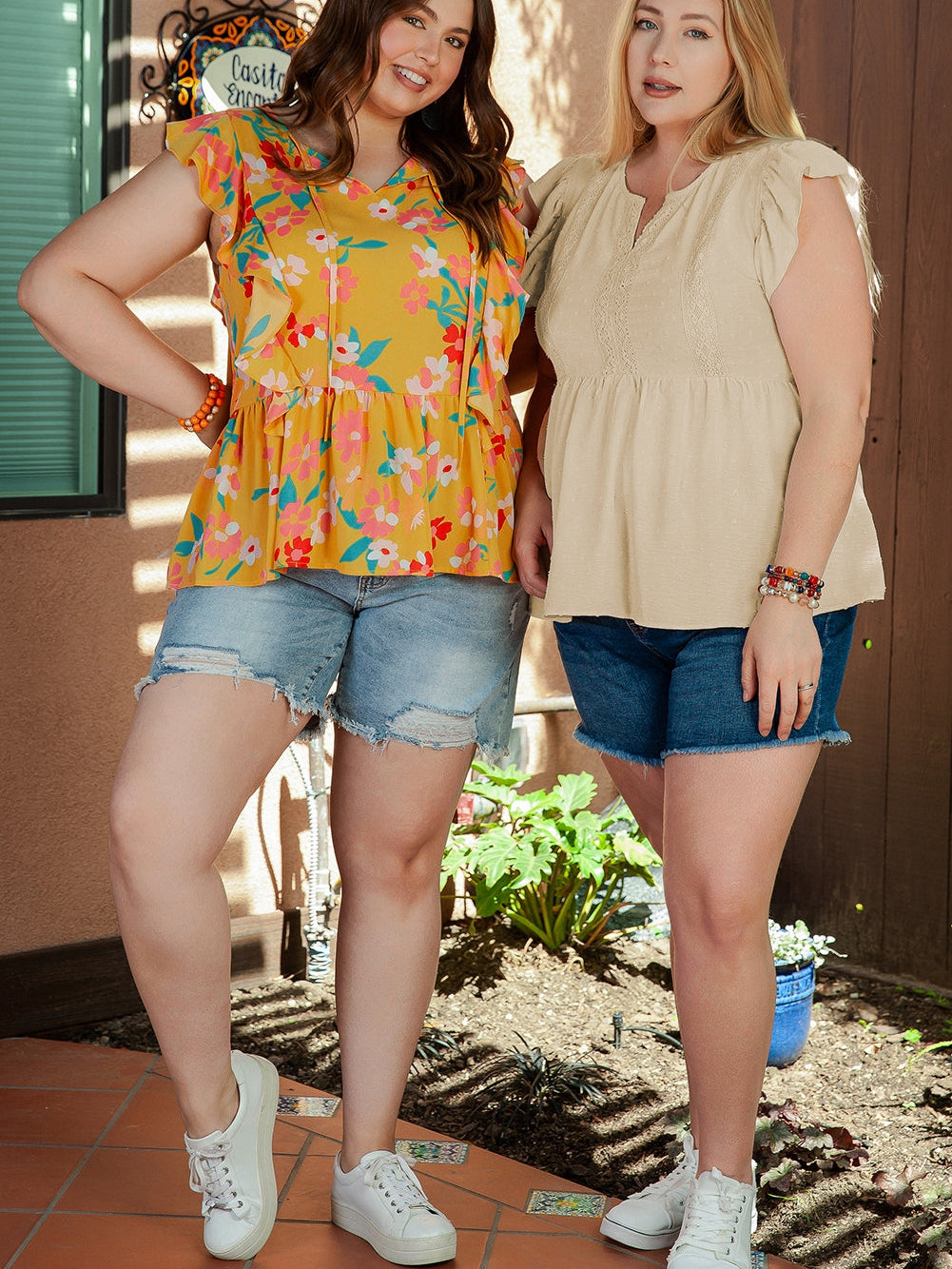 Golden Fleece Plus Size Swiss Dot Lace Trim Split Neck Babydoll Top