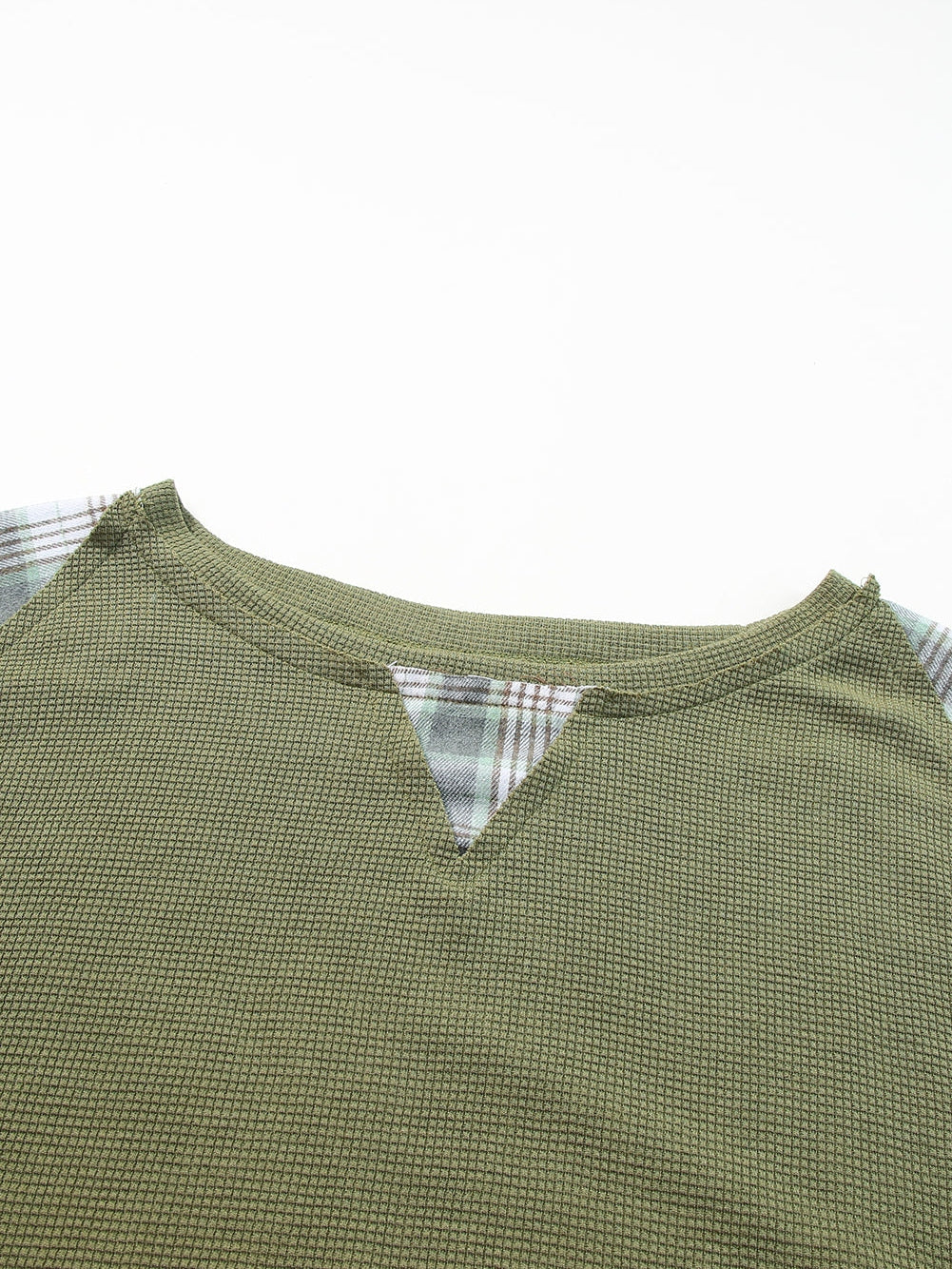 Green Plaid Bubble Sleeve Waffle Knit Patchwork Top
