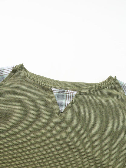 Green Plaid Bubble Sleeve Waffle Knit Patchwork Top