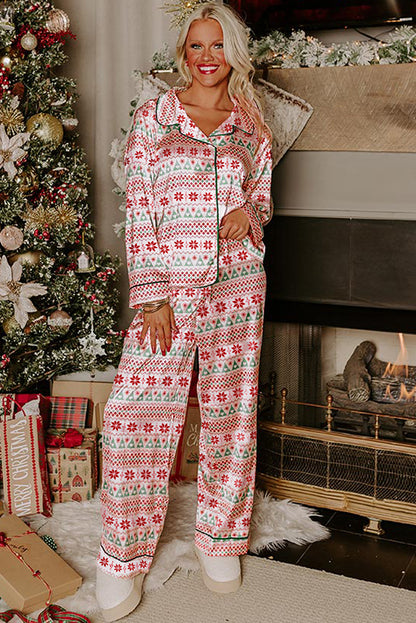 White Christmas Pattern Print Shirt Style Long 2pcs Pajama Set