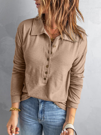 Elegant Khaki Knit Top with Chic Turn-down Neck