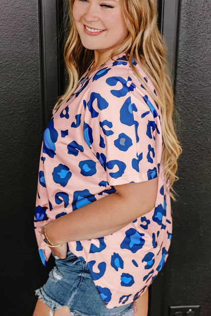 Pink Leopard Print Oversized V Neck Plus Size Tee