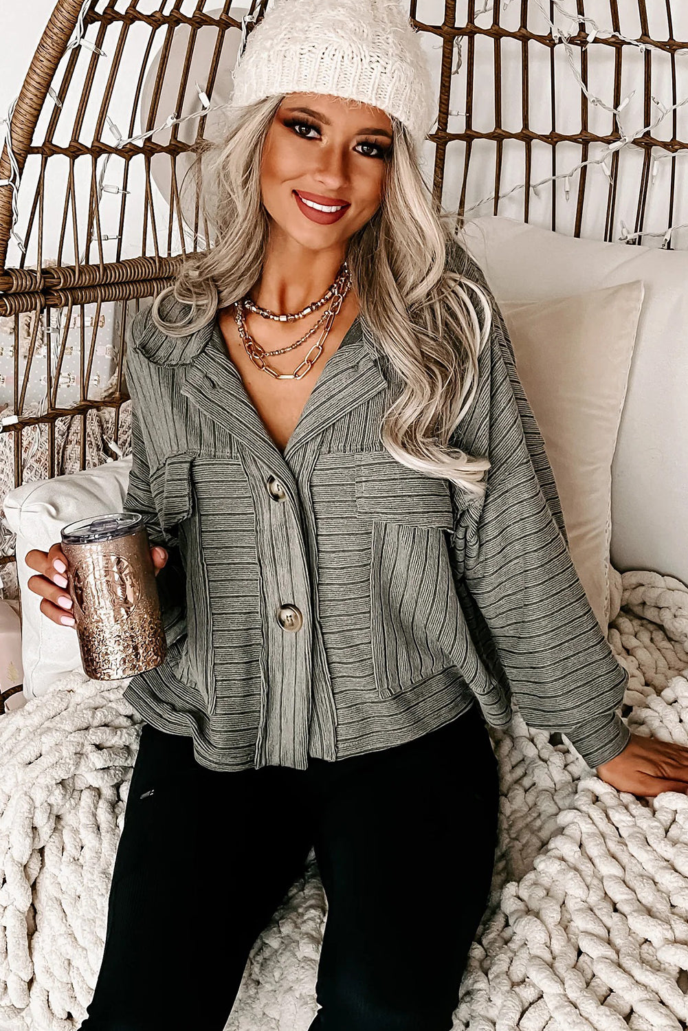 Four Leaf Clover Ribbed Knit Big Patched Chest Pocket Collared Shacket