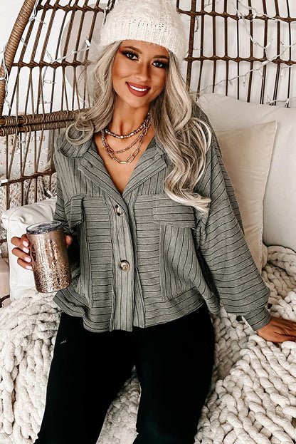 Four Leaf Clover Ribbed Knit Big Patched Chest Pocket Collared Shacket