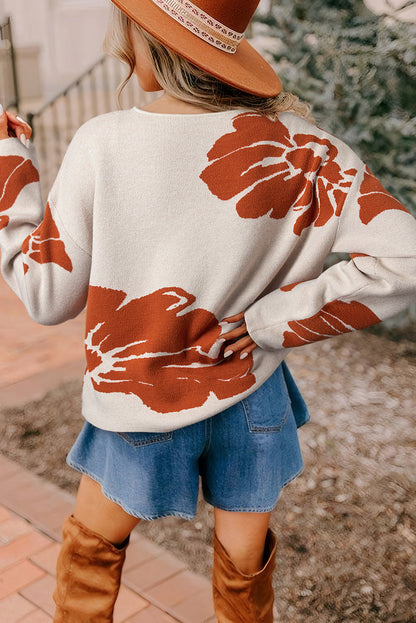 Beige Plus Size Flower Print Wide Sleeve Sweater