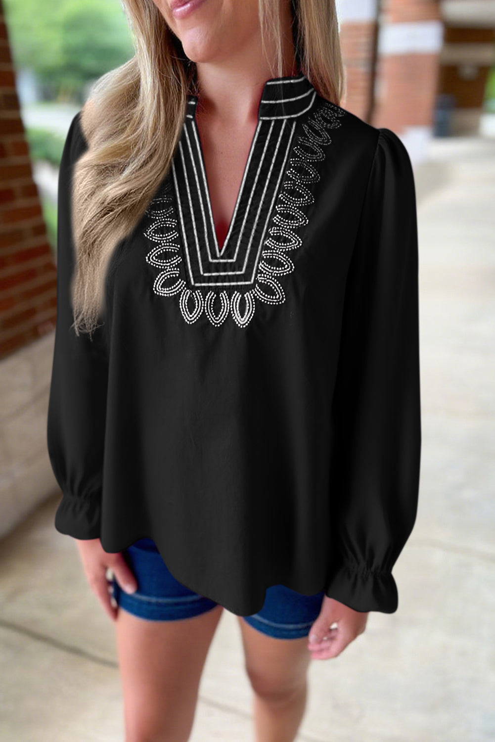 Black Embroidered V Neck Long Flounce Sleeve Blouse