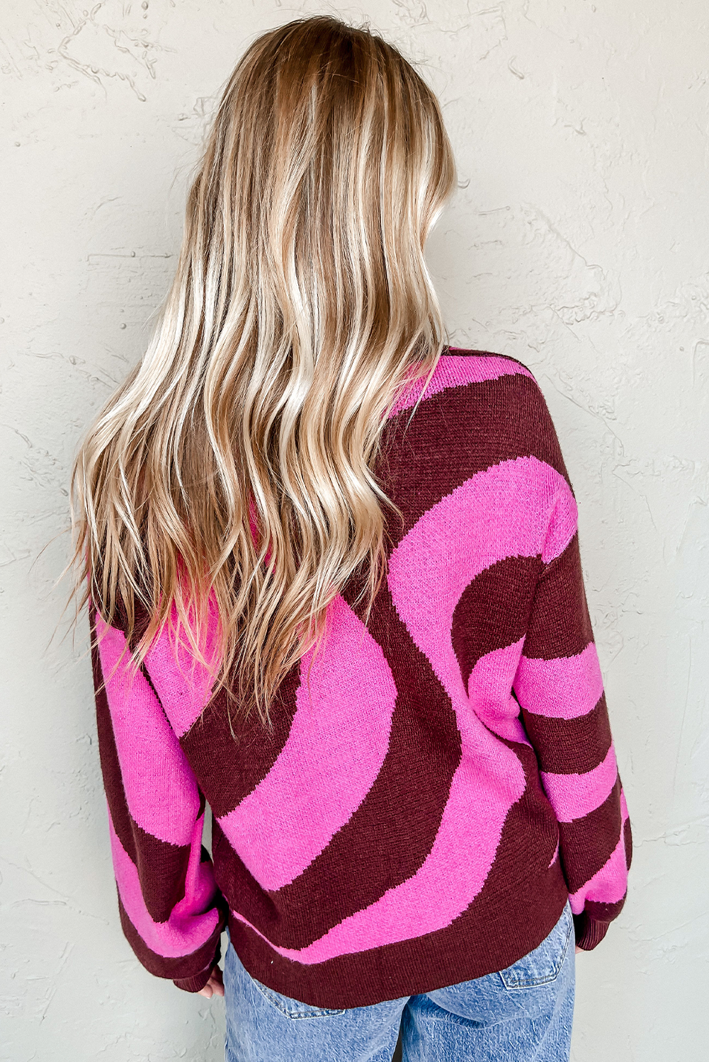 Rose Red Color Block Striped V Neck Button Front Cardigan